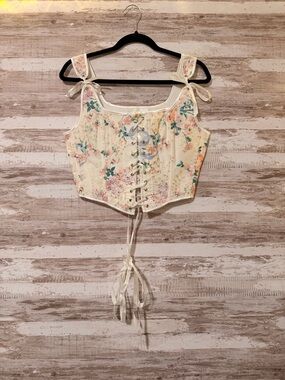 SHEIN Cream Floral Tie-Front Corset Crop Top